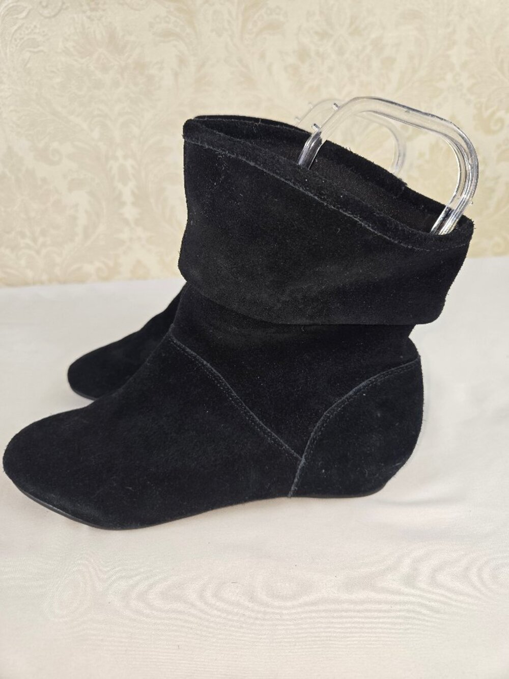 Style & Co Sz 6-1/2M Quirky Black Suede Slouchy Ankle Boots Flat Sole Almond Toe
